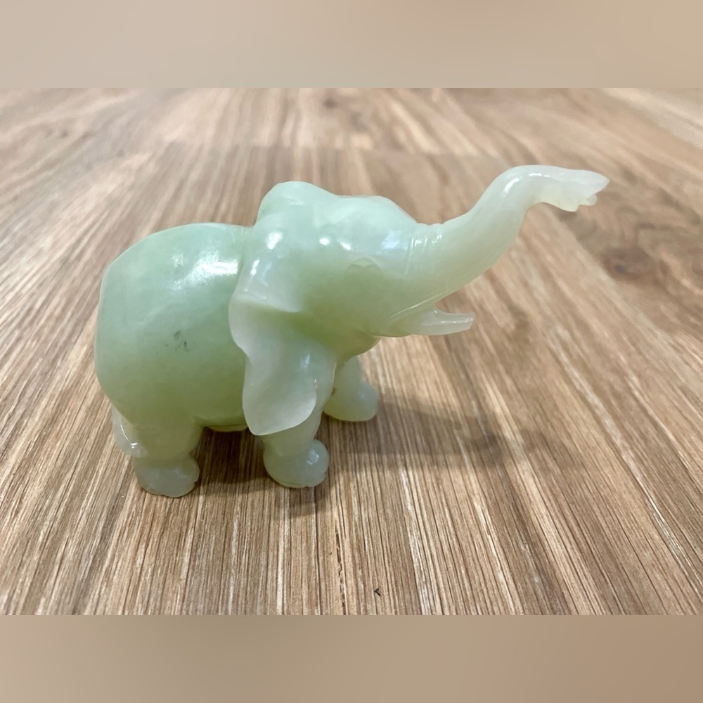 Vintage Pale Green Jade Elephant Trunk up Good Luck Glass Figurine